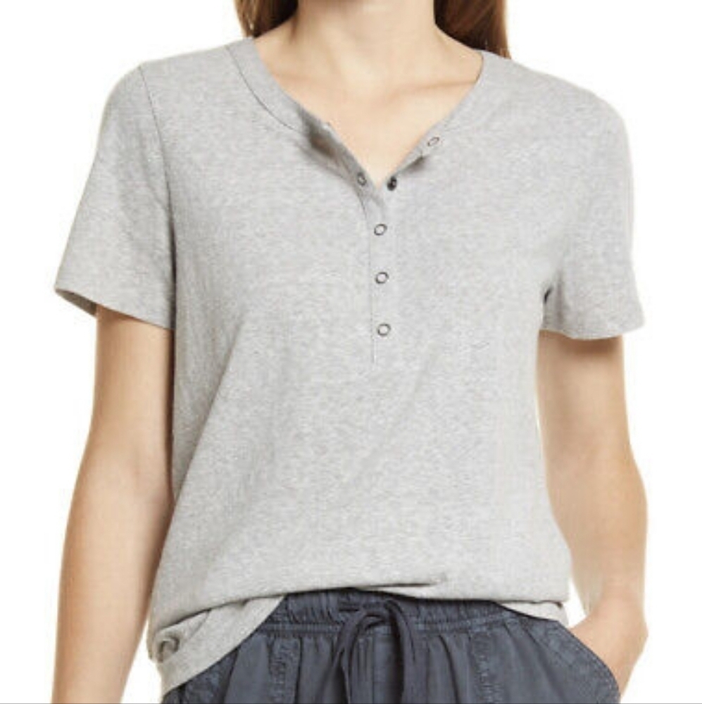 Caslon Gray Short Sleeve Henley T-Shirt Hesther Grey Button Women's XS